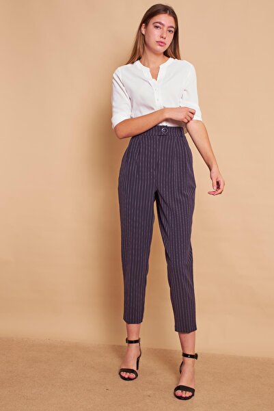 Jument Desenli Havuç Yüksek Bel Pileli Cepli Boyfriend Şık Kumaş Pantolon-Lacivert Çizgi