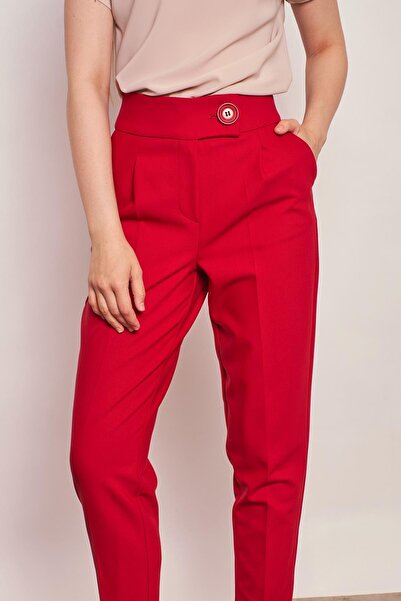 Jument Yüksek Bel Kalın Kemerli Yan Cepli Pileli Havuç Paça Hafif Likralı Kumaş Pantolon-Bordo