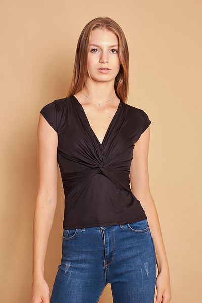 Jument Lycra Jersey ύφασμα μπροστινό μαζεμένο μανίκι πεταλούδα Κομψή μπλούζα σώμα-μαύρο