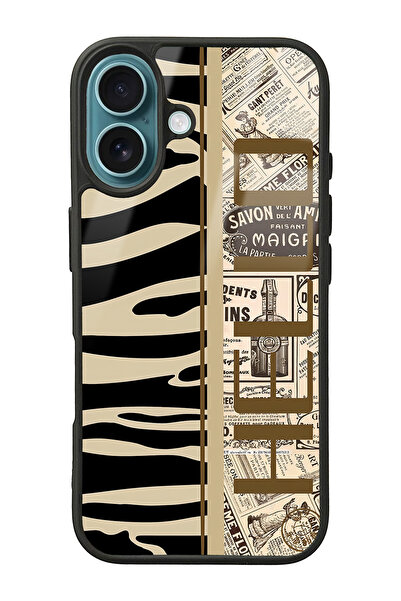 Spoyi iPhone 16 Zebra Gazete Tasarımlı Glossy Telefon Kılıfı