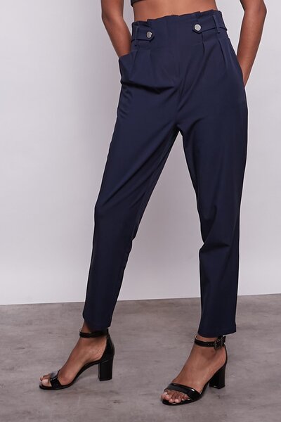 Jument Yüksek Bel Kemerli Pile Ve Düğme Detaylı Şık Kumaş Pantolon -Lacivert