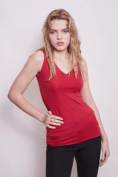 Jument Αμάνικο κορμάκι με λαιμόκοψη V από λύκρα--Κόκκινο