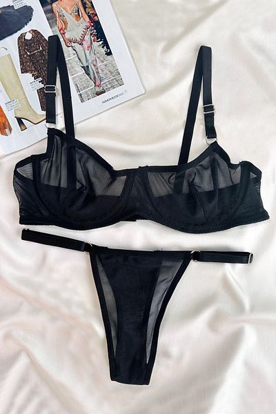 MILANOFOX Women's Black Comfort Tulle Underwire Underwear Bra Thong Set