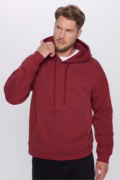 Tudors Unisex Oversize φαρδιά κομμένη βαμβακερή μαλακή υφή Basic φούτερ Claret Red Hooded με Fleece μέσα