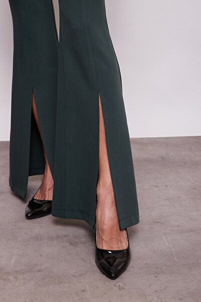 Jument Pantaloni pentru femei talie înaltă cu cusătură în față cu fantă evazat L material elastic - Smarald