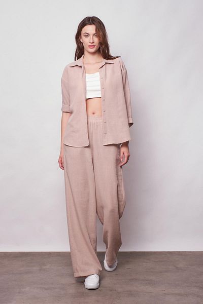 Jument Linen High Waist Elastic Waist Side Pocket Wide Leg Trousers - Stone