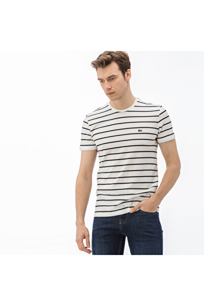 Lacoste Erkek Slim Fit Bisiklet Yaka Çizgili Beyaz T-Shirt