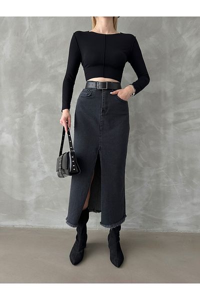 VivaJoy Fără Lycra-Fusta maxi din denim cu talie înaltă, spălată cu piatră neagră, cu fantă fără Lycra (Consultați tabelul cu mărimi)