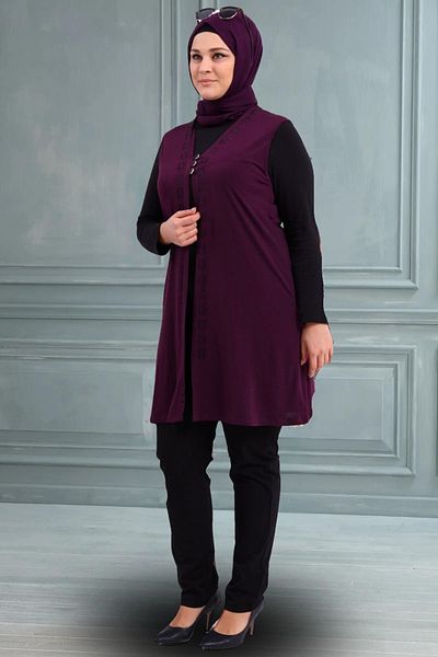 Ferace Women's Hijab Lycra Buttoned Long Mother Vest Plum