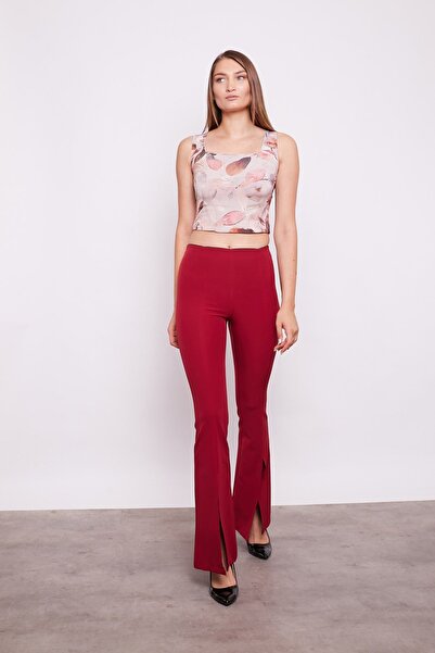 Jument Women's High Waist Front Stitched Slit Flared L Stretch Fabric Fabric Trousers - Burgundy