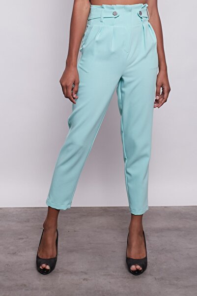 Jument High Waist Belted Stylish Fabric Trousers with Pleats and Button Detail - Mint