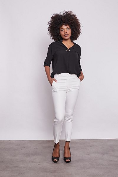 Jument High Waist Thick Belt Pocket Slim Leg Ankle Length Cotton Lycra Fabric Trousers - cream