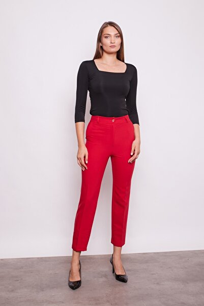 Jument Yüksek Bel Yan Cepli Boru Paça Hafif Likralı Bilek Boy Kumaş Ofis Pantolon-Kırmızı