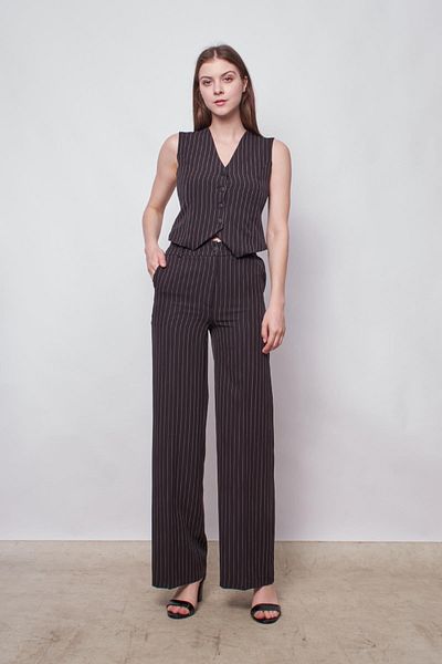 Jument Light Lycra Striped Palazzo Trousers with High Waist and Side Pockets - Black Line