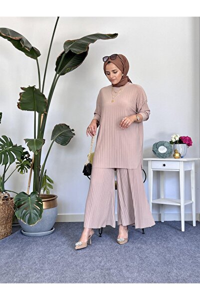 ASEL FASHİON Pileli Sandy Ikili Takım Vizon