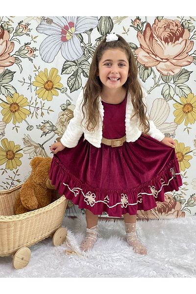 Cherrys Bebek Velvet Girl Dress with Plush Bolerol