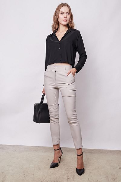 Jument Cămașă scurtă neagră, elegantă, cu guler din material textil, cu mânecă lungă - fără Lycra
