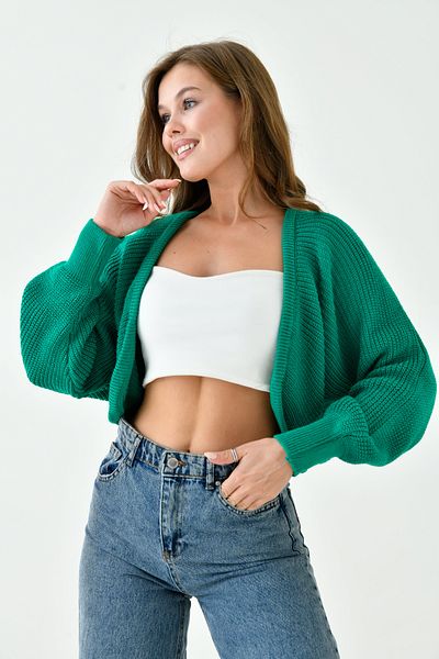WOMAN VISION Cardigan crop cu mânecă cu balon verde pentru femei 0149