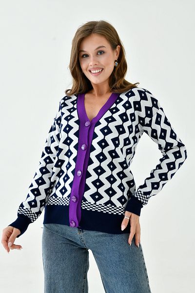 lovebox Women's Patterned Button Detailed Purple Striped V-Neck Knitwear Cardigan 0179