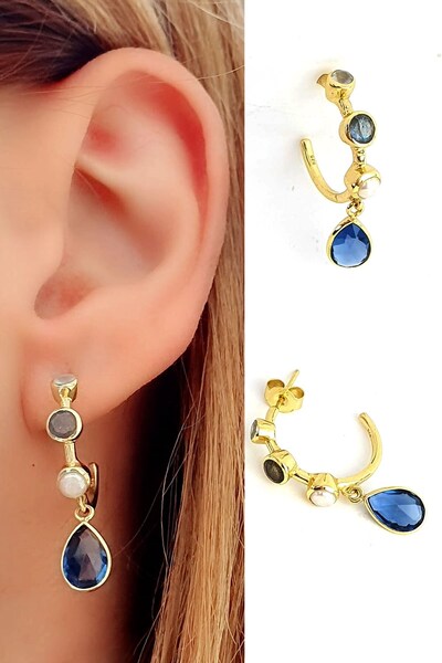 OSESHOP Ay taşı labrodorite inci ve Aquamarin Taşlı 925ayar Gümüş Üzerine Alt...