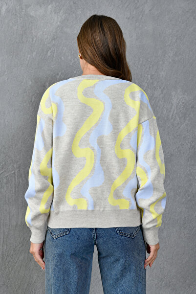 bayansepeti Πλεκτό πουλόβερ με πολύχρωμο γεωμετρικό σχέδιο με στρογγυλή λαιμόκοψη 0257