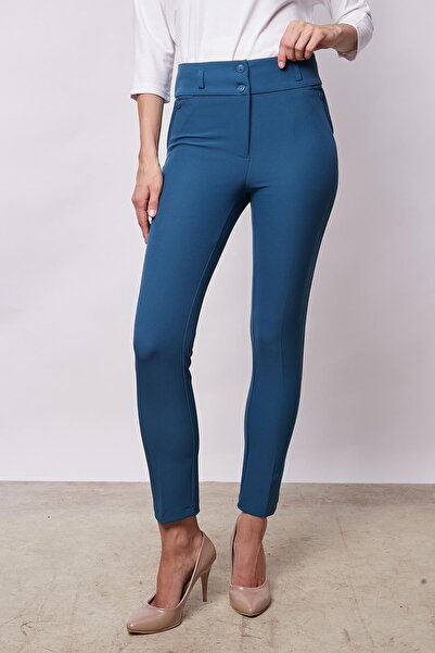 Jument Petrol Colored Ankle Length Lycra Fabric - Thick Belt and Ornamental Pocket Trousers