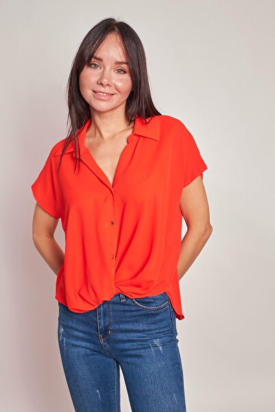 Jument Lycra-Free Stylish Fabric Collar Off-Shoulder Pleated Front Shirt-Orange