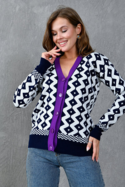 bayansepeti Design Patterned Button Detailed Purple Striped V-Neck Knitwear Cardigan 0179