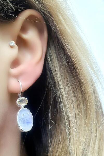 OSESHOP Sitrin Taşlı Ay Taşı 925ayar Gümüş Tasarım Küpe