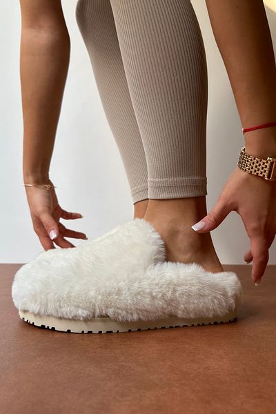 Mupa Shoes Papuci albi cu blană pentru femei