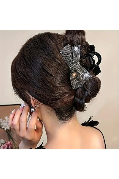 Efna Store Gri Zirkon Taşlı Fiyonk Model Siyah Kadife 8 cm Mandal Toka