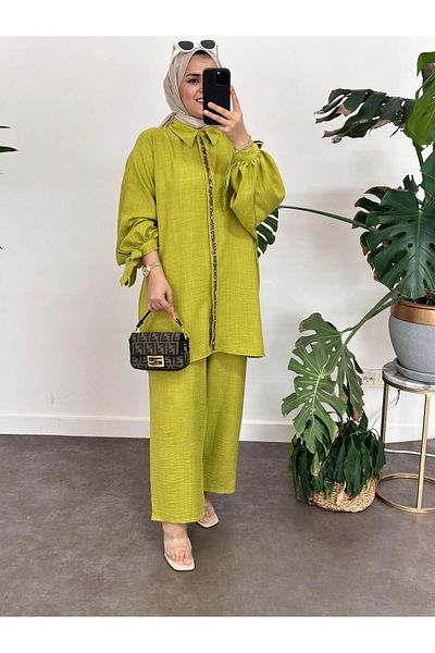 ASEL FASHİON Beaded Cotton Linen Set Oil Green