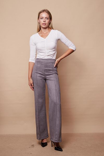 Jument Ελαφρύ Lycra Suede Palazzo Παντελόνι με Ψηλή Μέση και Μπροστινή Ραφή - Γκρι