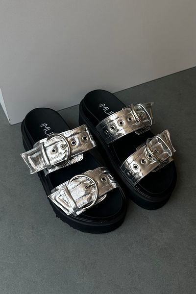 Mupa Shoes Patent Leather Silver Women's Slippers
