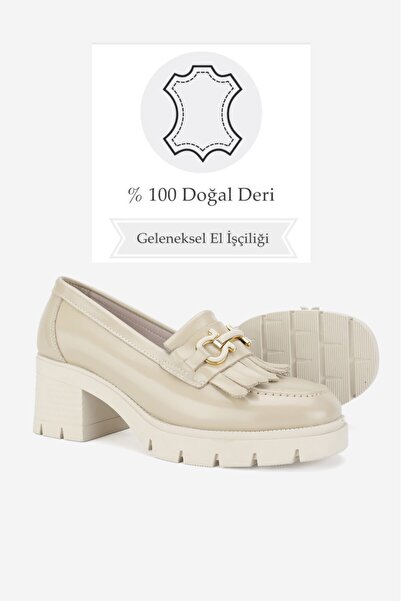 TUNAELLİ KADIN BEJ RUGAN HAKİKİ DERİ 36-41 NUMARA PÜSKÜLLÜ TOPUKLU LOAFER AYAKKABI