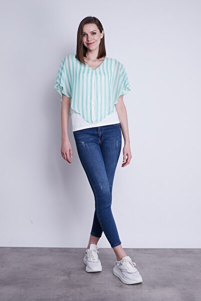 Jument Γυναικεία μπλούζα με λεπτομέρεια από σιφόν με λαιμόκοψη σε σχήμα V - Μίντ ρίγα