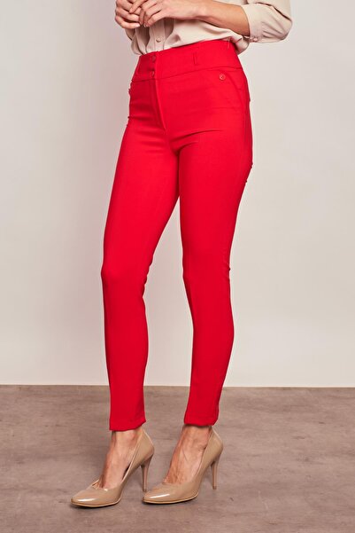 Jument Thick Belted Ornamental Pocket Ankle Length Stretch Fabric Fabric Trousers-Red