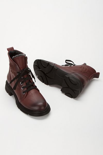 İLOLİCA Genuine Leather Low Heel Fur Lined Burgundy Women's Boots