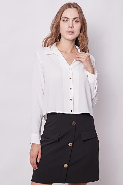 Jument Women's Stylish Collared Lycra Free Long Sleeve Short Shirt - Cream