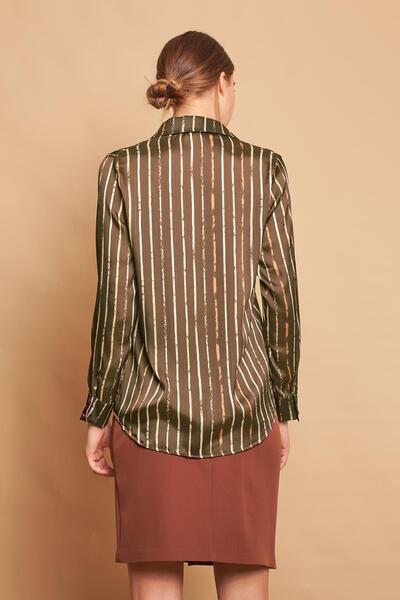 Jument Patterned Collar Long Sleeve Lycra-Free Stylish Fabric Shirt-Khaki Stripe