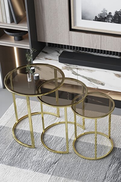 FAYMEND C Zigon Sehpa Parlak Gold Metal - Şeffaf Bronz Cam