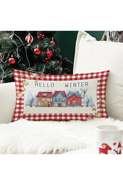 Evmila Yılbaşı Temalı Hello Winter Desenli Kadife Kırlent Kılıfı 35x55 cm - Dekoratif Yastık Kılıfı