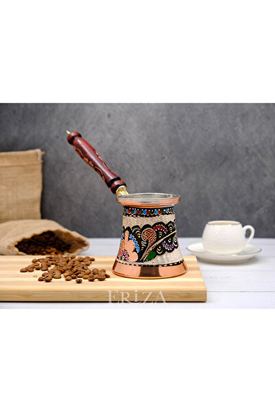 ERİZA 2-3 Person Handmade Embroidered Pewter Copper Coffee Pot