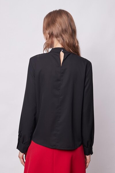 Jument Κομψό υφασμάτινο πουκάμισο με γιακά με πλισέ μακρυμάνικη μπλούζα - Μαύρο