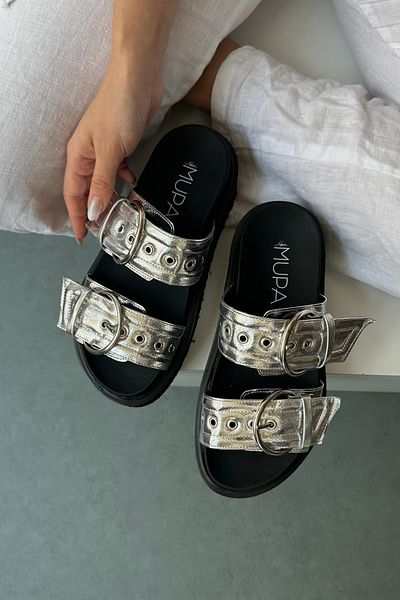 Mupa Shoes Patent Leather Silver Women's Slippers