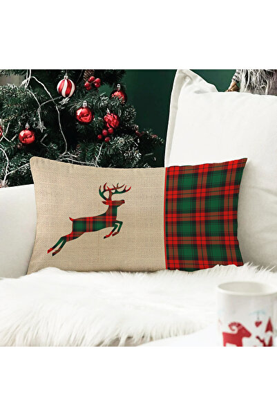 Evmila Yılbaşı Temalı Geyik Desenli Kadife Kırlent Kılıfı 35x55 cm - Dekorati...
