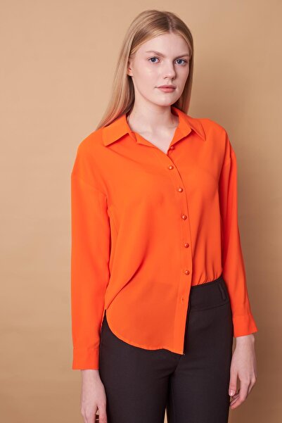 Jument Γυναικείο πουκάμισο με γιακά με μακριά μανίκια Lycra-πορτοκαλί