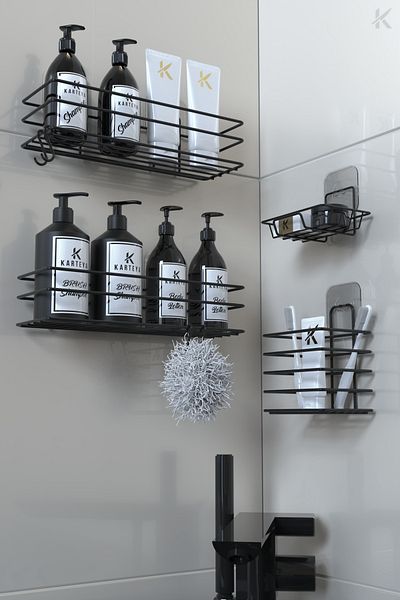 KARTEYA Stainless Adhesive Black Metal Bathroom Shelf Organizer Set of 4 Shower Shelf with Hooks Soap Dish Rack