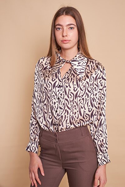 Jument Κομψό υφασμάτινο πουκάμισο με στάμπα μπροστά με λαιμόκοψη V με πλισέ μακρυμάνικο ώμους χωρίς Lycra-Μαύρο λεοπάρ