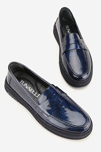 TUNAELLİ KADIN LACİVERT RUGAN HAKİKİ DERİ 36-41 NUMARA DÜZ TOPUKLU LOAFER AYAKKABI